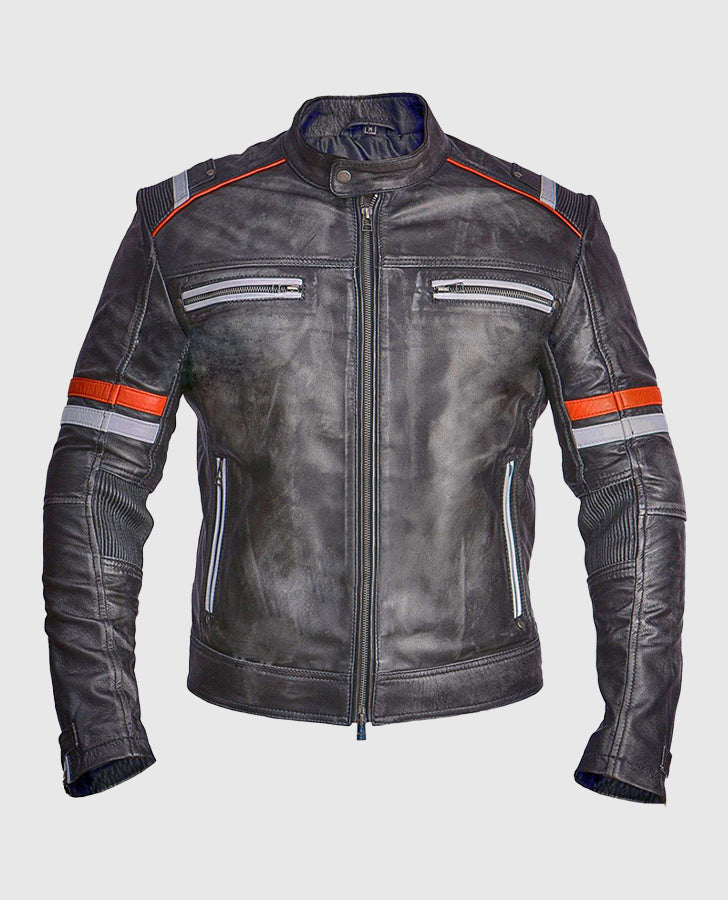 Men's Retro Cafe Racer Grey Leather Jacket – Custom Fit - front view