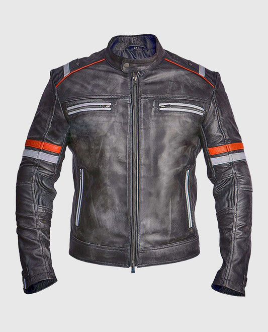 Men's Retro Cafe Racer Grey Leather Jacket – Custom Fit - front view