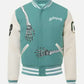 Men's Rod Godspeed Skull Mint White Varsity Leather Jacket - front view