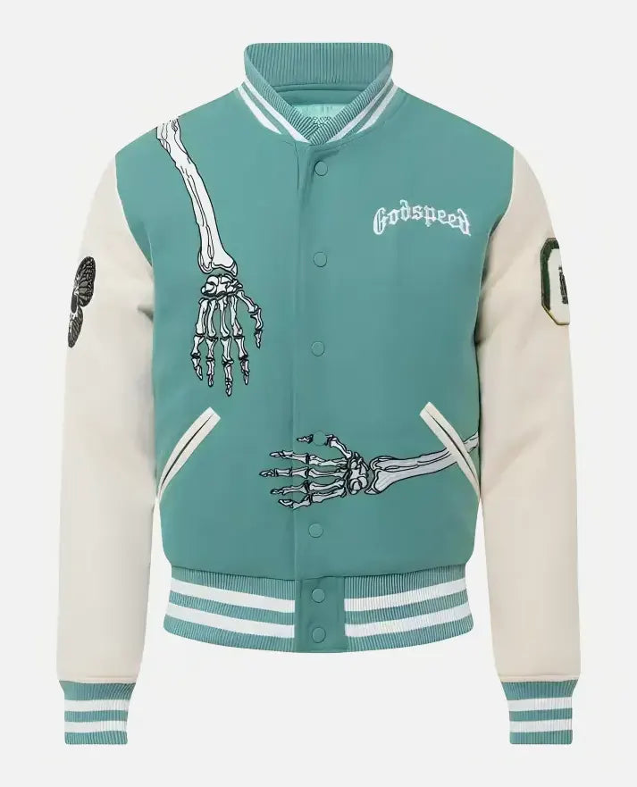 Men's Rod Godspeed Skull Mint White Varsity Leather Jacket - front view