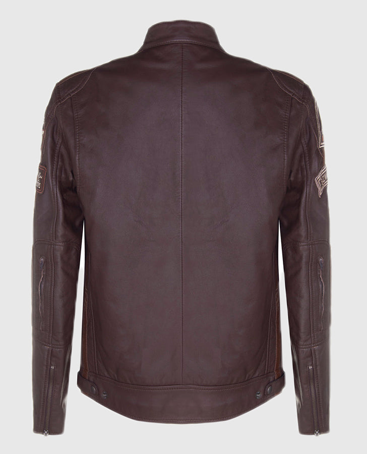 Men's Sizma Brown Cafe Racer Style Leather Jacket | Genuine Leather - back view