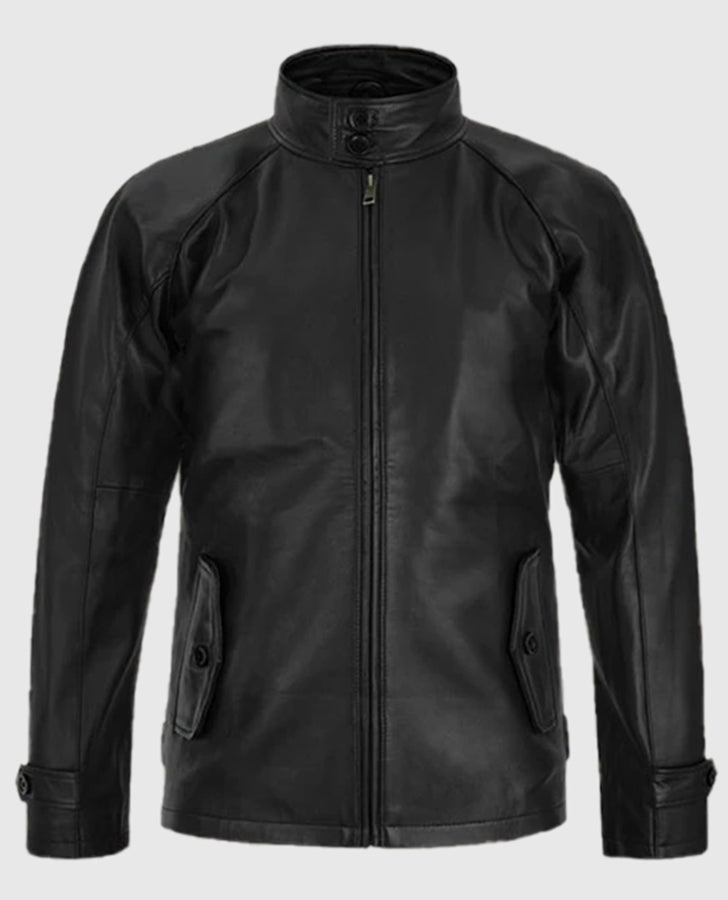 Men's Standup Collar Black Leather Jacket – Premium Outerwear - front view