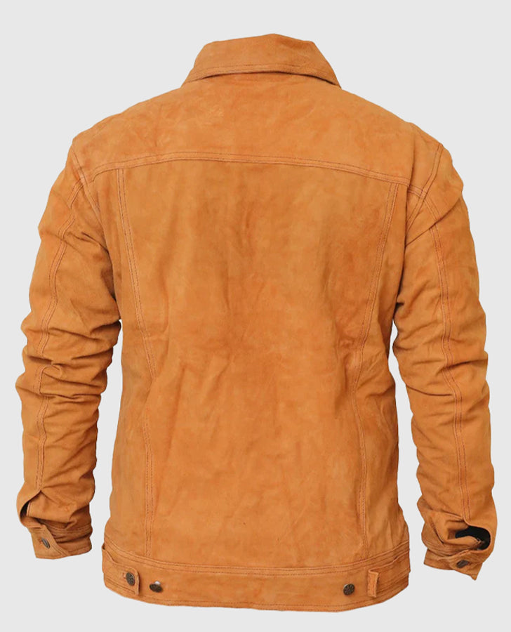 Men's Strap Pockets Tan Suede Leather Jacket – Premium Outerwear - back view