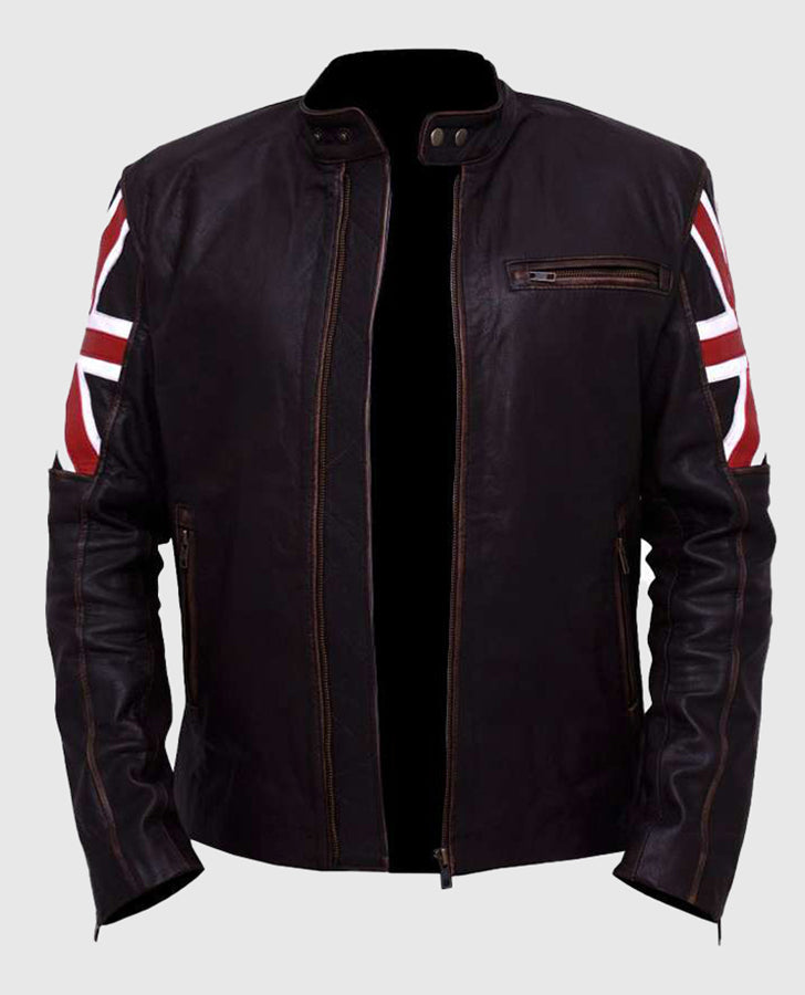 Men's UK Flag Cafe Racer Vintage Black Leather Jacket - back view