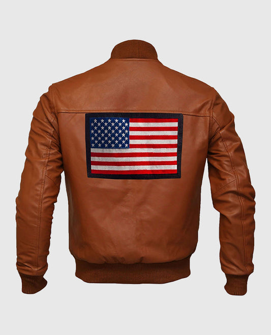 Men's US Flag Tan Brown Bomber Leather Jacket – Custom Fit - front view