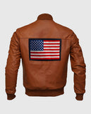 Men's US Flag Tan Brown Bomber Leather Jacket – Custom Fit - front view