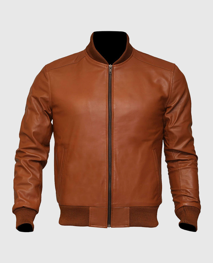 Men's US Flag Tan Brown Bomber Leather Jacket – Custom Fit - back view