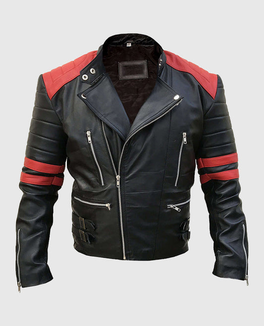 Men's Vintage Red Stripes Motorcycle Leather Jacket - front view