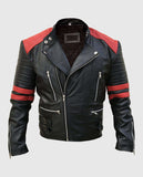 Men's Vintage Red Stripes Motorcycle Leather Jacket - front view
