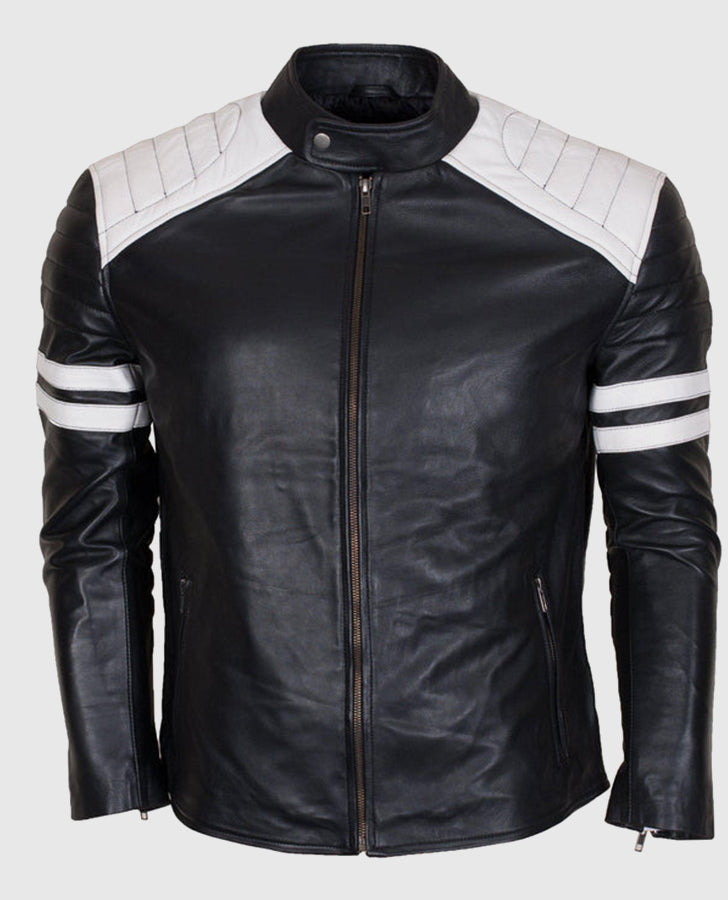 Men's White Stripes Black Cafe Racer Leather Jacket - front view