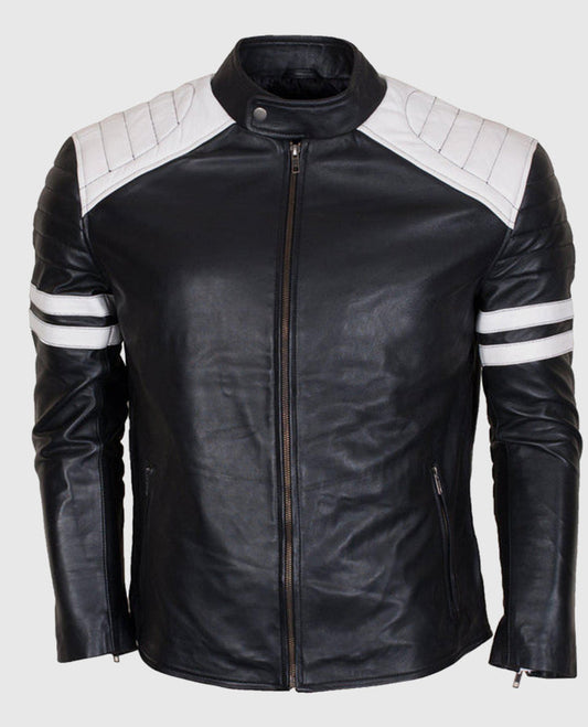 Men's White Stripes Black Cafe Racer Leather Jacket - front view