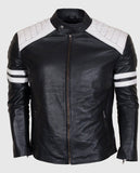 Men's White Stripes Black Cafe Racer Leather Jacket - front view
