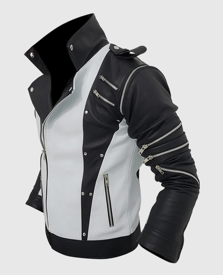 Michael Jackson White & Black Leather Jacket for Men - collar and zip close-up