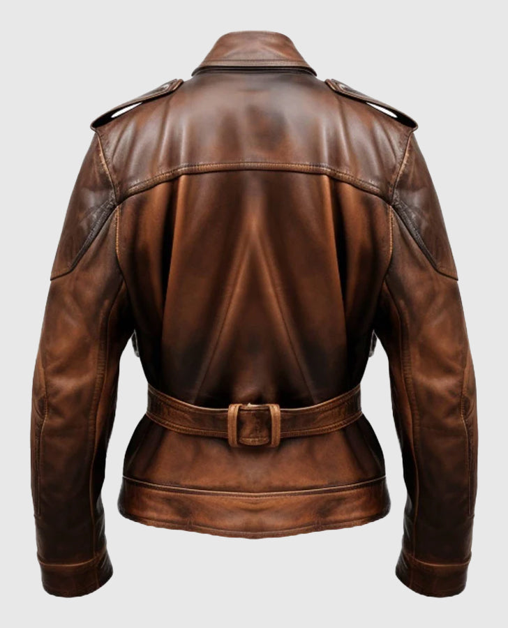 Men's Military Style Vintage Distressed Brown Leather Jacket - back view