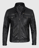 Moffit Men's Cafe Racer Real Black Leather Jacket – Custom Fit - front view