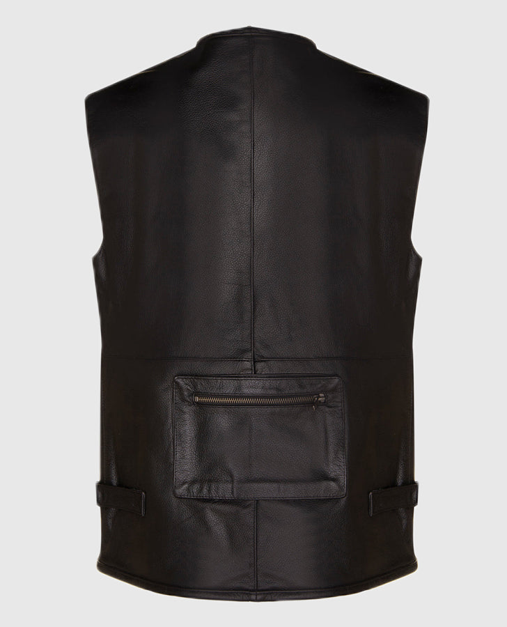 Multi-Pocket Leather Waistcoat for Biking Black Jacket for Men - back view