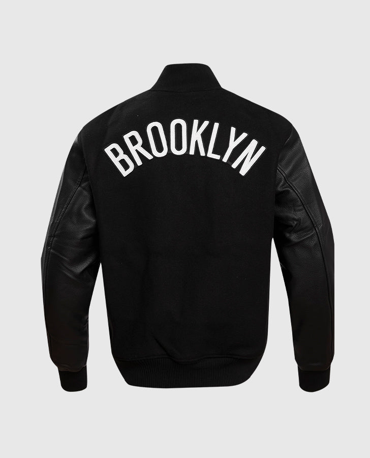 NBA Brooklyn Nets Men's Black Varsity Leather Jacket - back view