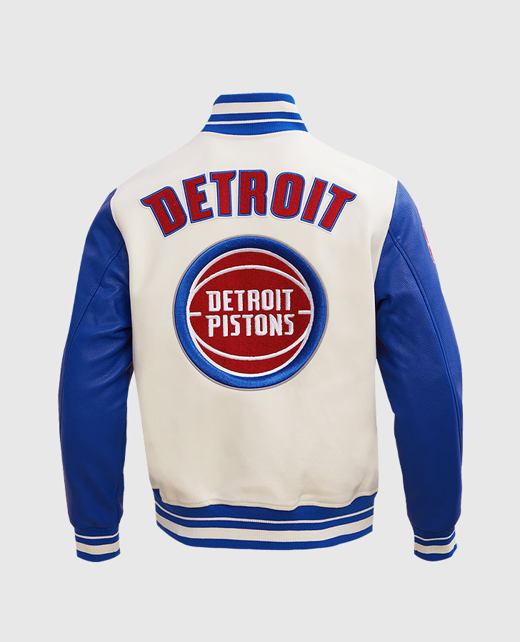 NBA Detroit Pistons Men's Blue Varsity Leather Jacket - back view