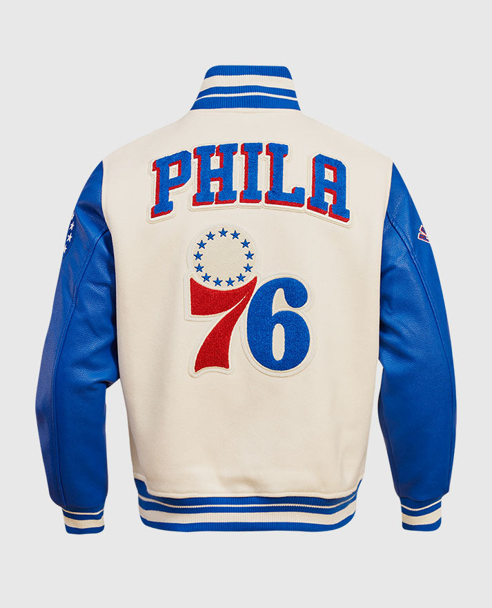 NBA Philadelphia 76ers Men's Rib Blue & White Wool Varsity Jacket - back view