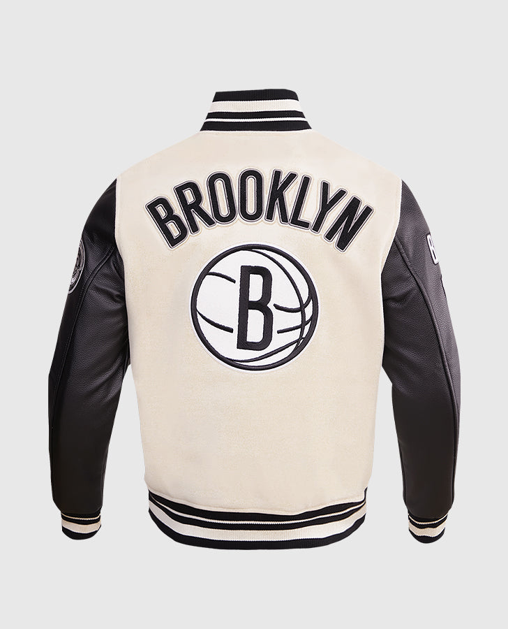 NBA Brooklyn Nets Men's Black & White Varsity Leather Jacket - back view