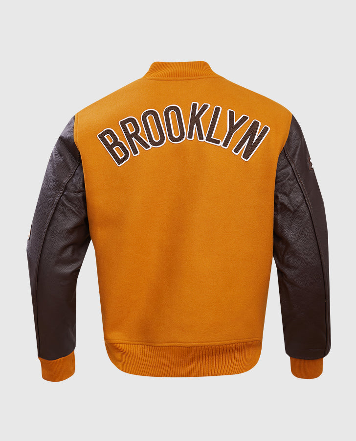 NBA Brooklyn Nets Men's Brown Varsity Leather Jacket - back view