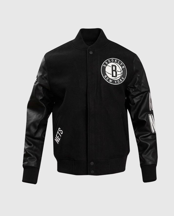 NBA Brooklyn Nets Men's Black Varsity Leather Jacket - front view