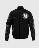 NBA Brooklyn Nets Men's Black Varsity Leather Jacket - front view