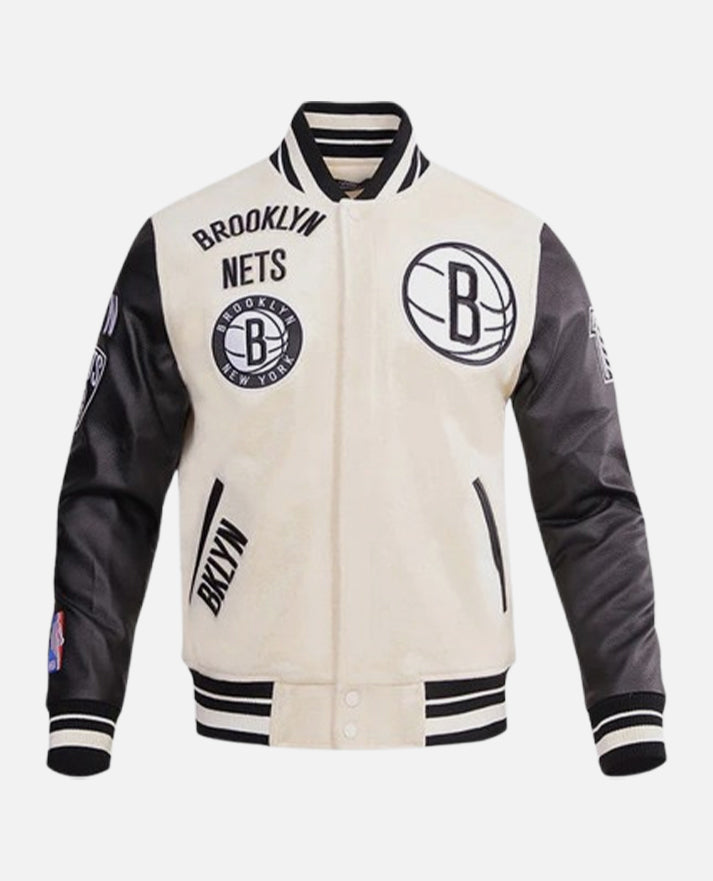 NBA Brooklyn Nets Men's Black & White Varsity Leather Jacket - front view