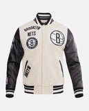 NBA Brooklyn Nets Men's Black & White Varsity Leather Jacket - front view