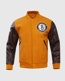 NBA Brooklyn Nets Men's Brown Varsity Leather Jacket - front view