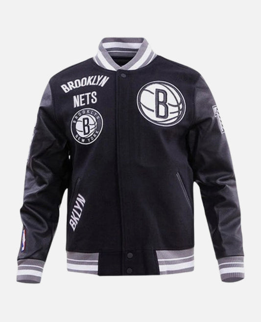 NBA Brooklyn Nets Men's Rib Wool Black Varsity Jacket - front view