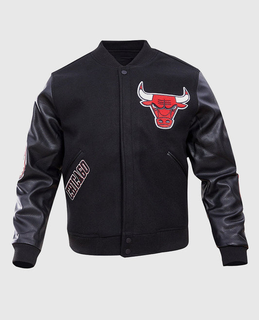 NBA Chicago Bulls Men's Black Varsity Leather Jacket - front view