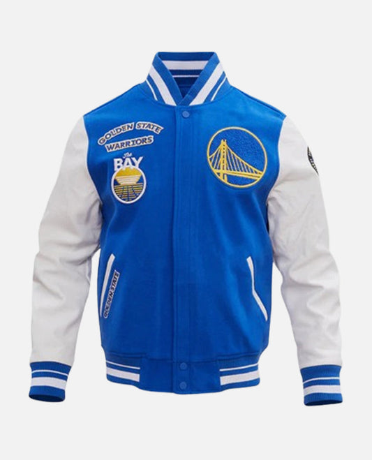 NBA Golden State Warriors Men's Blue & White Varsity Leather Jacket - front view