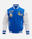 NBA Golden State Warriors Men's Blue & White Varsity Leather Jacket - front view