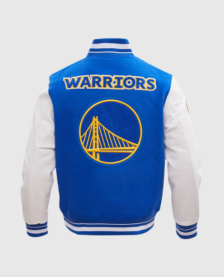 NBA Golden State Warriors Men's Blue & White Varsity Leather Jacket - back view