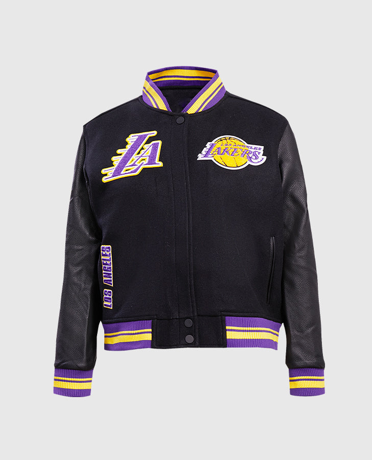 NBA Los Angeles Lakers Women's Black Varsity Leather Jacket - front view
