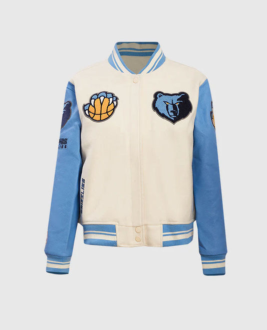 NBA Memphis Grizzlies Women's Rib Blue & White Wool Varsity Jacket - front view
