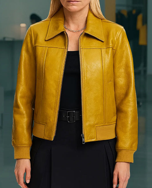 Olympo Clara Galle Yellow Bomber Leather Jacket for Women - front view