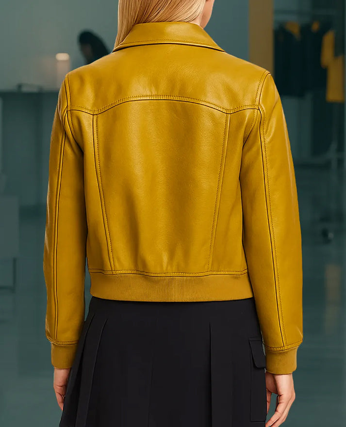 Olympo Clara Galle Yellow Bomber Leather Jacket for Women - back view