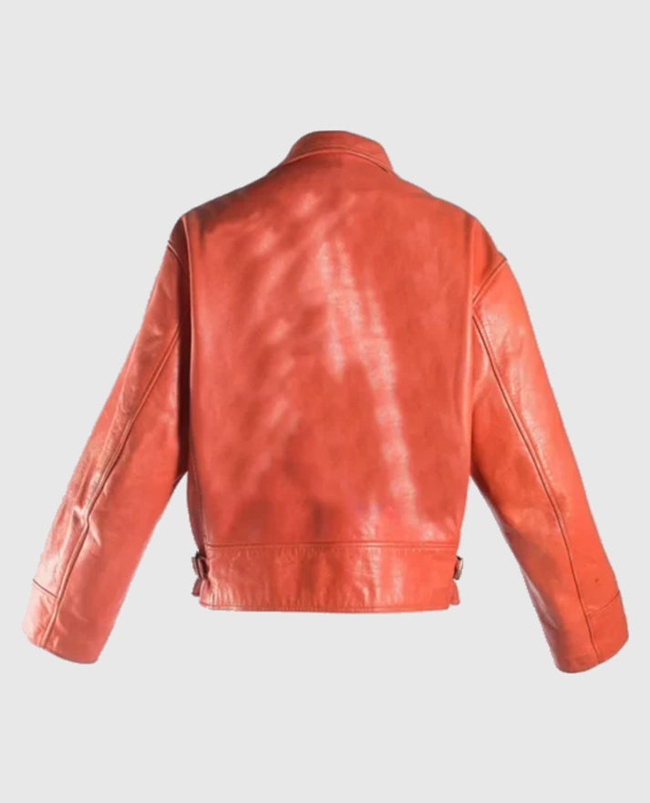 Juice Wrld Orange Leather Jacket for Men | Genuine Leather - collar and zip close-up