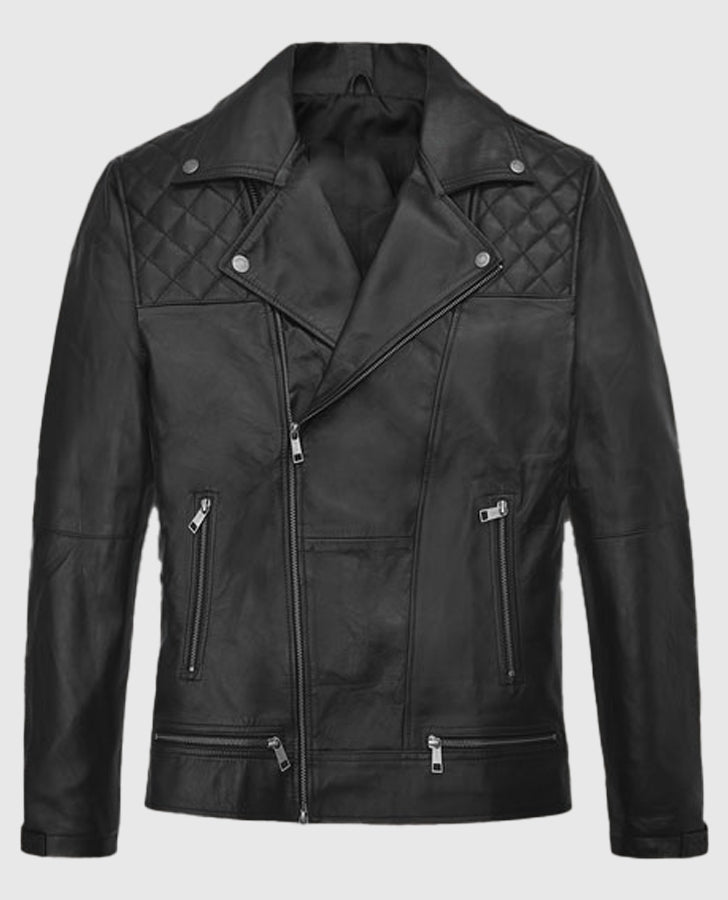 Patrick J. Adams Black Leather Biker Jacket for Men - back view
