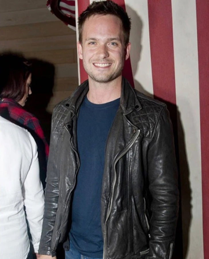 Patrick J. Adams Black Leather Biker Jacket for Men - front view