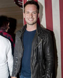 Patrick J. Adams Black Leather Biker Jacket for Men - front view