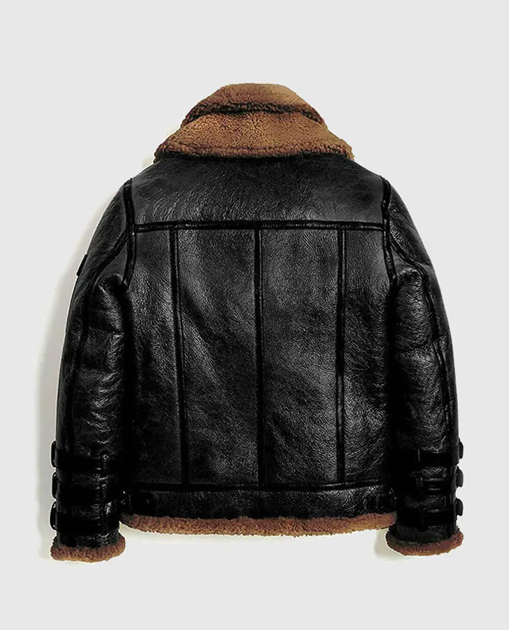 Men's RAF B3 Sheepskin Black Bomber Leather Jacket - back view