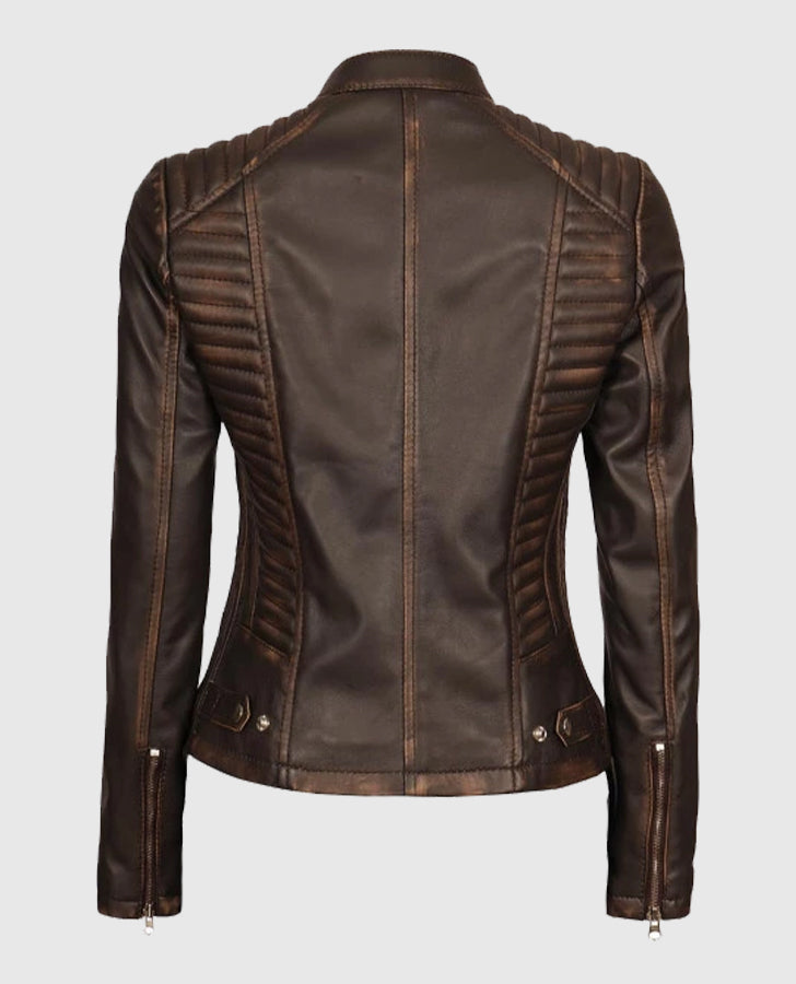 Women's Rachel Dark Brown Rub-off Cafe Racer Leather Jacket - back view