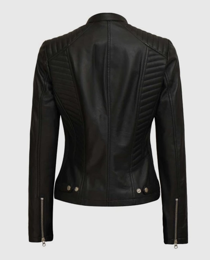 Women's Rachel Petite Black Cafe Racer Leather Jacket - back view