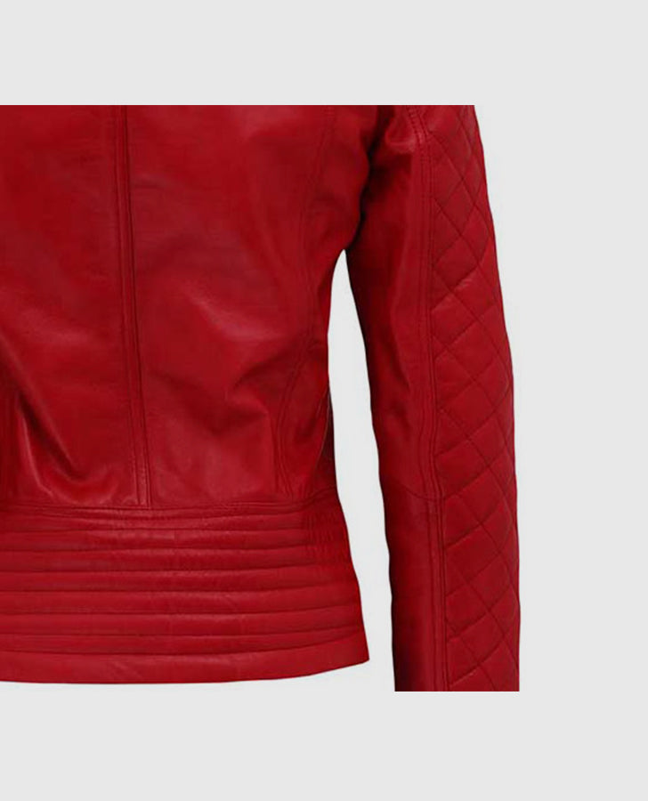 Women's Red Quilted Biker Leather Jacket | Genuine Leather - collar and zip close-up