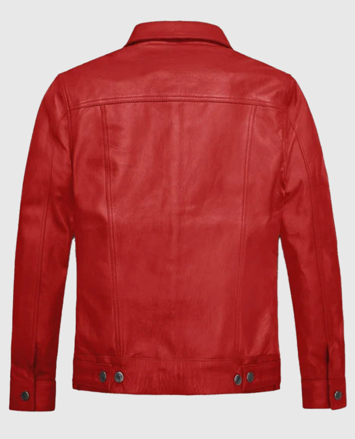 Men's Red Leather Trucker Jacket – Custom Fit | Genuine Leather - back view