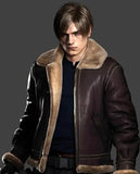 Resident Evil 4 Remake Leon Kennedy Brown Bomber Leather Jacket - front view
