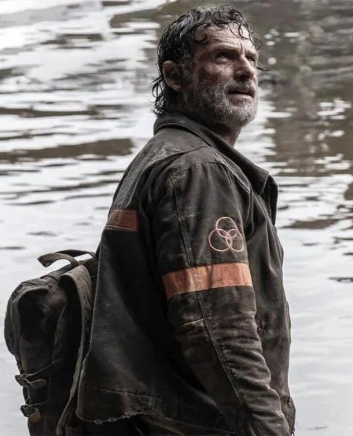 Rick Grimes CRM Brown Suede Jacket for Men | Genuine Leather - collar and zip close-up
